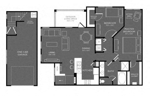 Floor plan for 2 beds, 1 bath, 1122 sqft